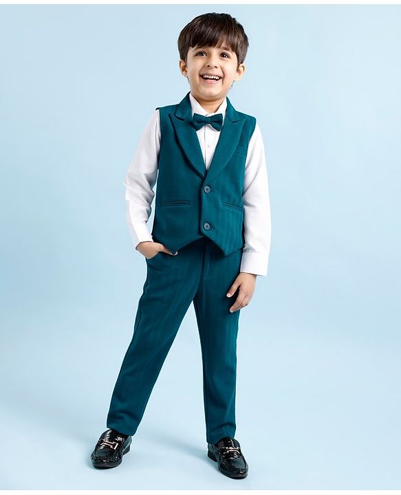 Babyhug Woven Full Sleeves Stretch Fit Party Suit With Waist Coat & Bow -  White & Dark Blue