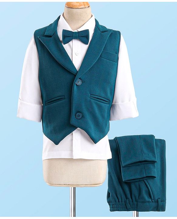 Babyhug Woven Full Sleeves Stretch Fit Party Suit With Waist Coat & Bow -  White & Dark Blue