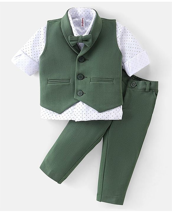 Babyhug Woven with Stretch Full Sleeves Three Pieces Party Suit with Bow - Green & White