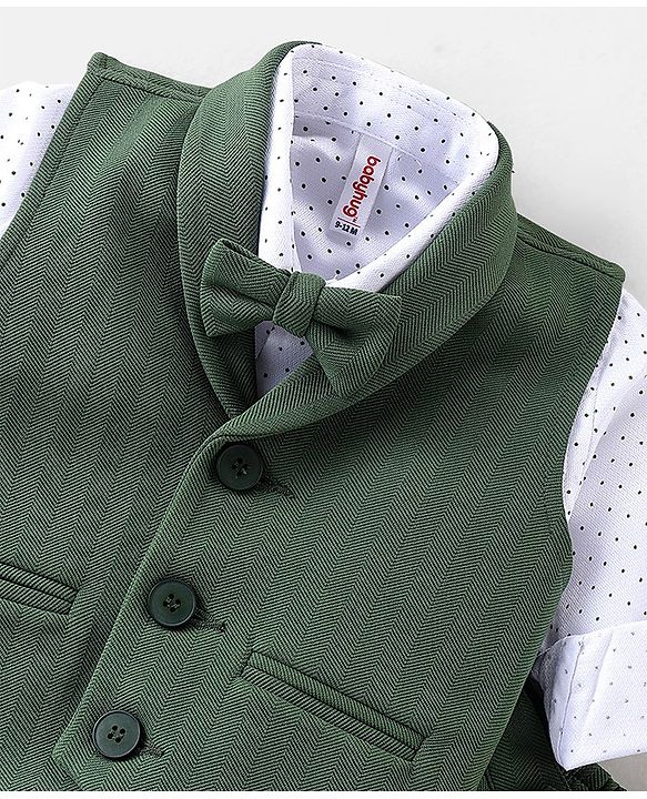 Babyhug Woven with Stretch Full Sleeves Three Pieces Party Suit with Bow - Green & White