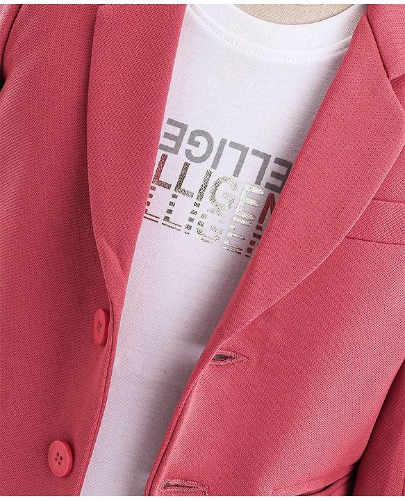 Babyhug Woven Full Sleeves Stretch Party Suit & T-Shirt with Text Print - White & Salmon Pink