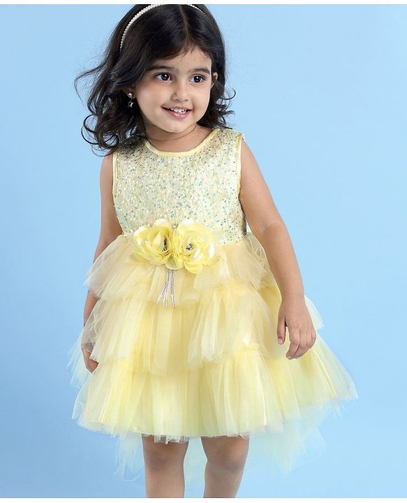 Babyhug Woven Sleeveless Mesh Layered Flare With Tail Party Frock - Yellow
