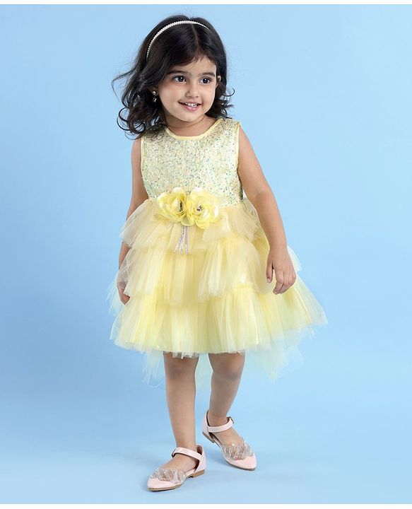 Babyhug Woven Sleeveless Mesh Layered Flare With Tail Party Frock - Yellow