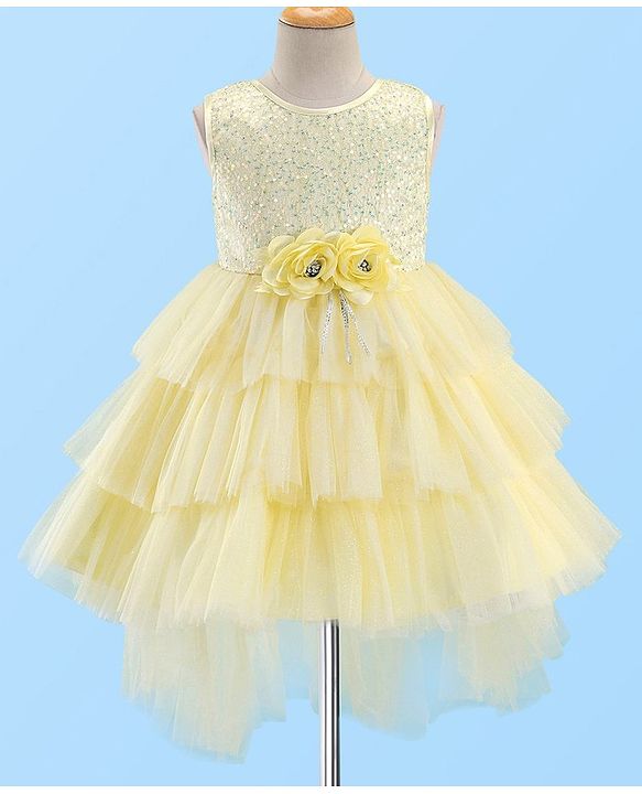 Babyhug Woven Sleeveless Mesh Layered Flare With Tail Party Frock - Yellow