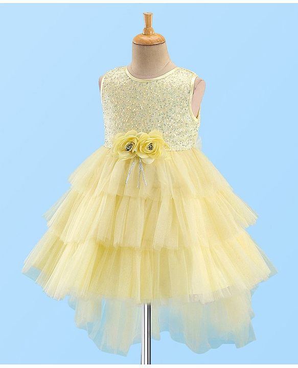 Babyhug Woven Sleeveless Mesh Layered Flare With Tail Party Frock - Yellow
