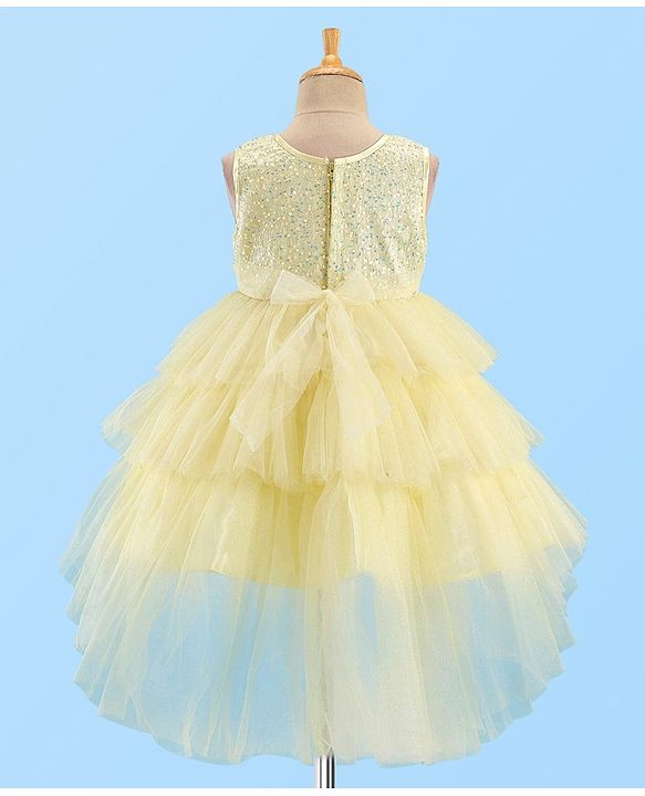 Babyhug Woven Sleeveless Mesh Layered Flare With Tail Party Frock - Yellow