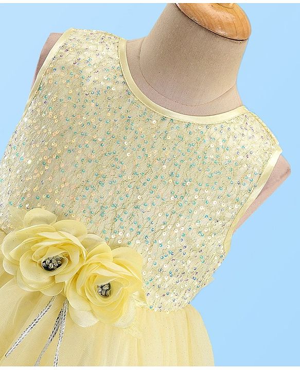 Babyhug Woven Sleeveless Mesh Layered Flare With Tail Party Frock - Yellow