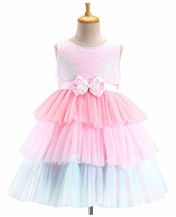 Babyhug Woven Sleeveless Party Frock With Mesh Layered Flare & Bow Applique - Pink