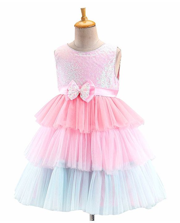 Babyhug Woven Sleeveless Party Frock With Mesh Layered Flare & Bow Applique - Pink