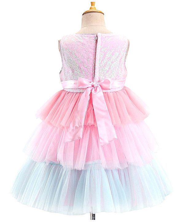 Babyhug Woven Sleeveless Party Frock With Mesh Layered Flare & Bow Applique - Pink