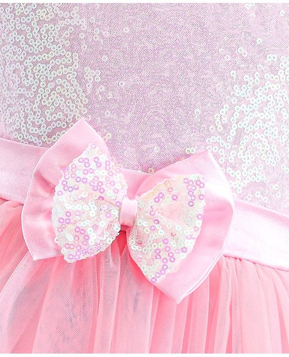 Babyhug Woven Sleeveless Party Frock With Mesh Layered Flare & Bow Applique - Pink