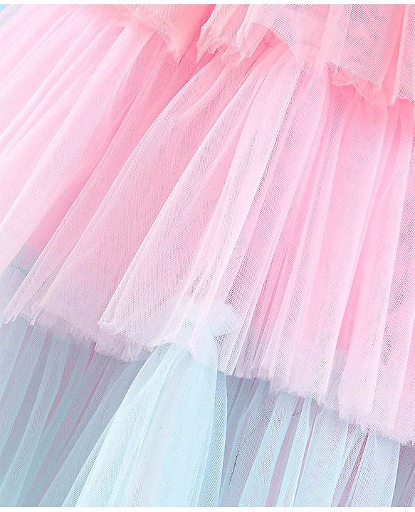 Babyhug Woven Sleeveless Party Frock With Mesh Layered Flare & Bow Applique - Pink