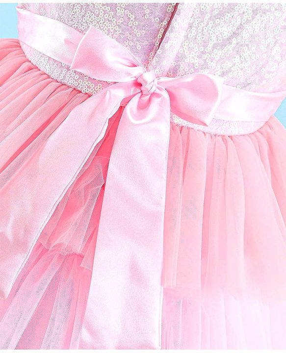 Babyhug Woven Sleeveless Party Frock With Mesh Layered Flare & Bow Applique - Pink
