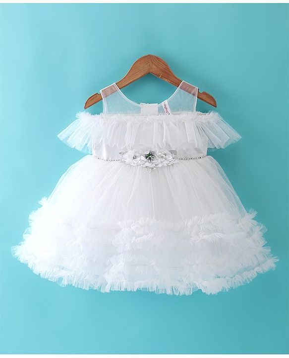 Babyhug Sleeveless Mesh Party Frock with Floral Applique -  White