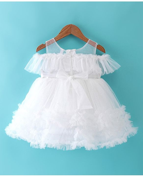 Babyhug Sleeveless Mesh Party Frock with Floral Applique -  White