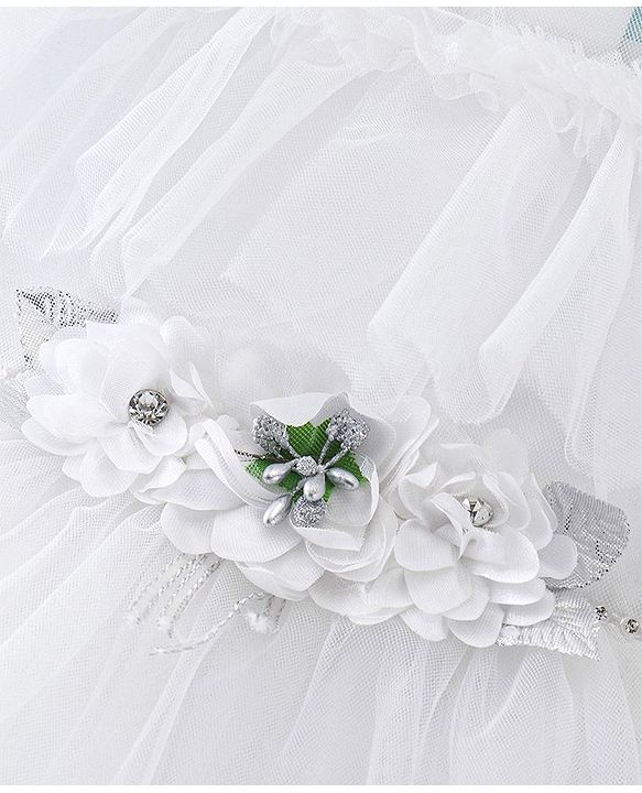 Babyhug Sleeveless Mesh Party Frock with Floral Applique -  White
