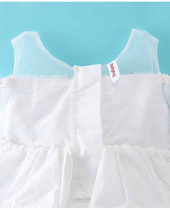 Babyhug Sleeveless Mesh Party Frock with Floral Applique -  White