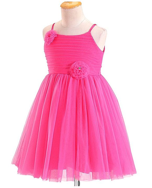 Babyhug Woven Sleeveless Mesh Party Frock With Floral Applique - Fuchsia