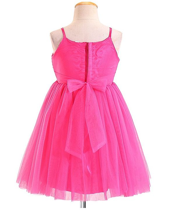 Babyhug Woven Sleeveless Mesh Party Frock With Floral Applique - Fuchsia