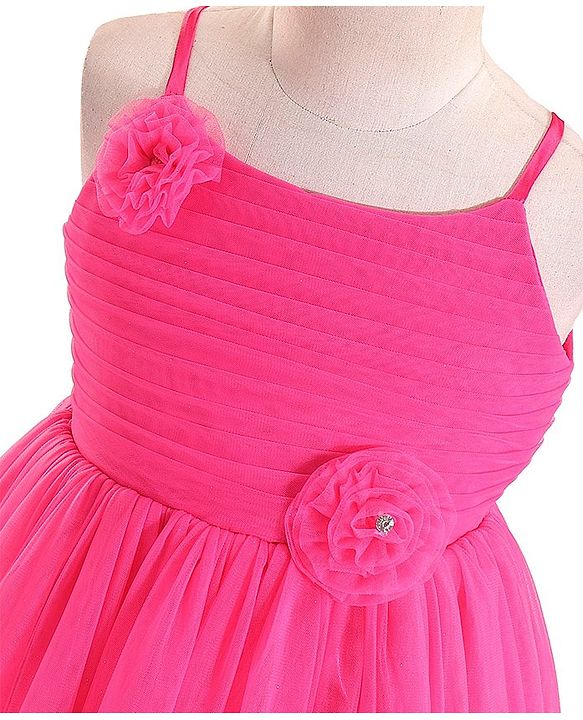 Babyhug Woven Sleeveless Mesh Party Frock With Floral Applique - Fuchsia