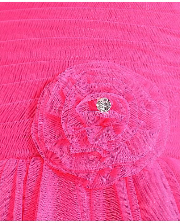 Babyhug Woven Sleeveless Mesh Party Frock With Floral Applique - Fuchsia