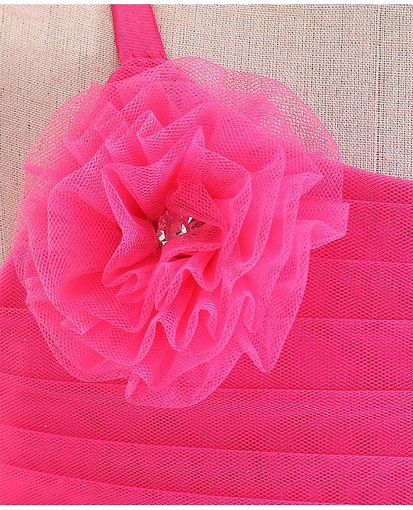Babyhug Woven Sleeveless Mesh Party Frock With Floral Applique - Fuchsia