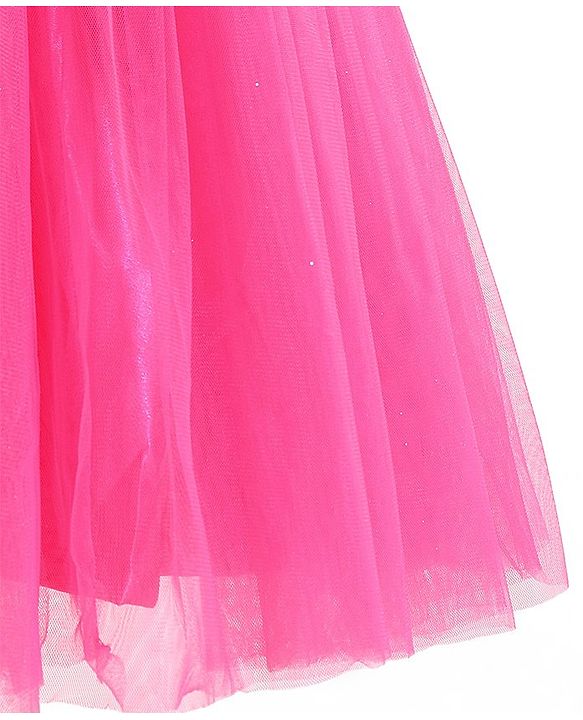 Babyhug Woven Sleeveless Mesh Party Frock With Floral Applique - Fuchsia