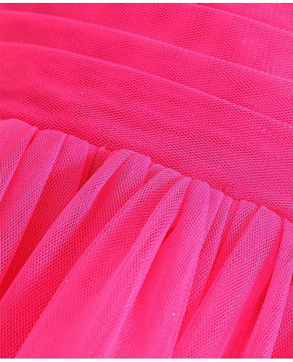 Babyhug Woven Sleeveless Mesh Party Frock With Floral Applique - Fuchsia