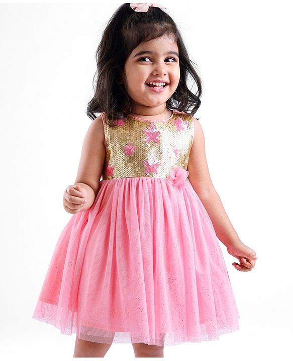 Babyhug Sleeveless Sequinned Party Frock - Pink