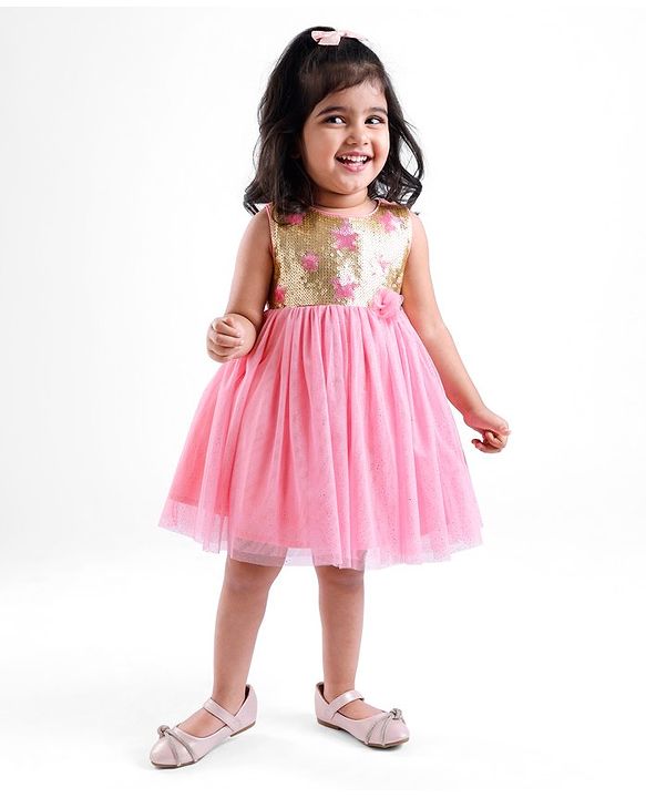 Babyhug Sleeveless Sequinned Party Frock - Pink