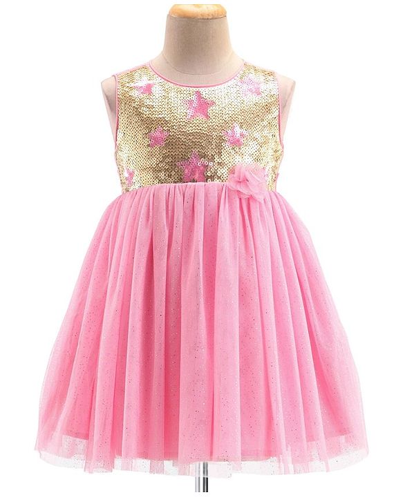 Babyhug Sleeveless Sequinned Party Frock - Pink