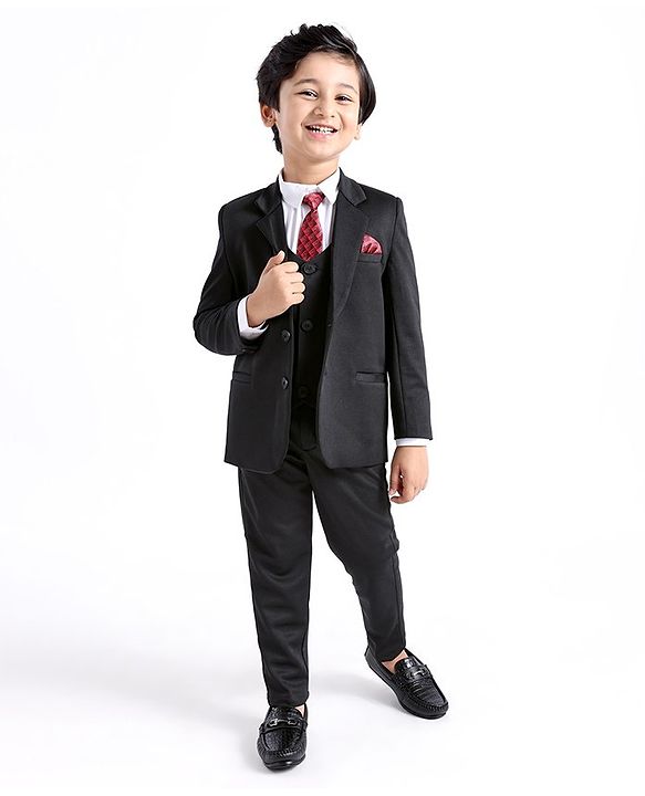 Babyhug Full Sleeves 3 Piece Stretch Party Suit with Tie - Black
