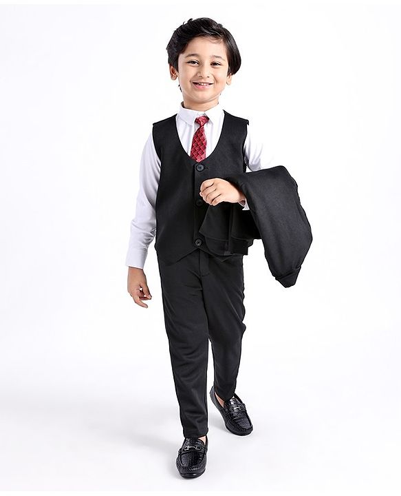 Babyhug Full Sleeves 3 Piece Stretch Party Suit with Tie - Black