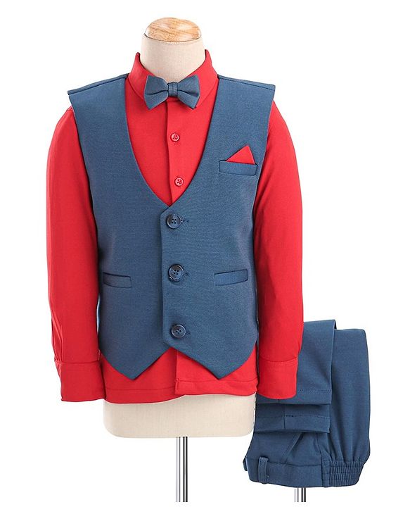 Babyhug Full Sleeves Party Wear Suit With Blazer Solid Colour  - Red & Blue
