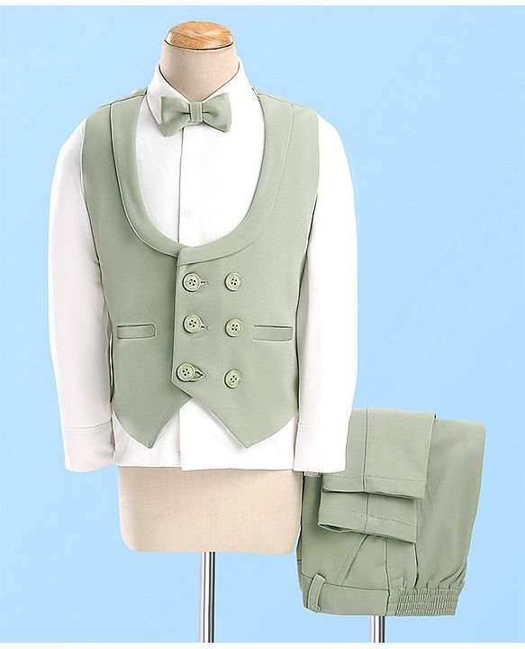 Babyhug Full Sleeves Stretch Three Piece Party Suit with Bow - Green