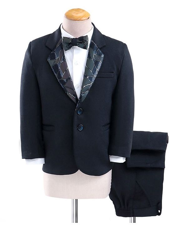 Babyhug Full Sleeves Stretch Three Piece Party Suit with Bow - Navy Blue