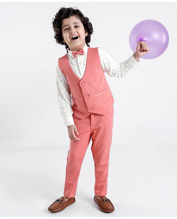 Babyhug Full Sleeves Three Piece Party Suit with Bow & Stretch - White & Pink