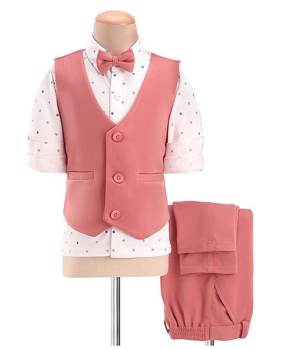 Babyhug Full Sleeves Three Piece Party Suit with Bow & Stretch - White & Pink