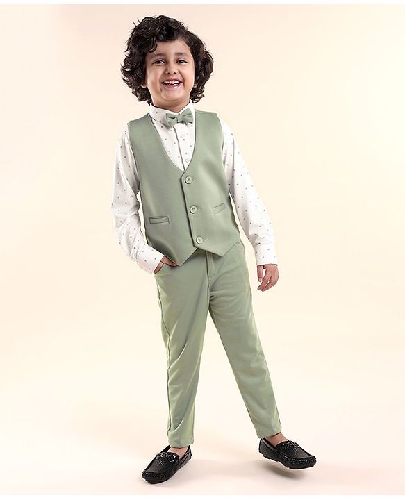 Babyhug Woven Full Sleeves Stretch Fit Party Suit With Waist Coat & Bow - Green & White