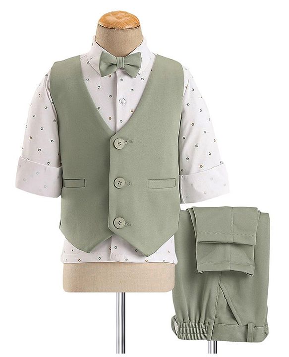 Babyhug Woven Full Sleeves Stretch Fit Party Suit With Waist Coat & Bow - Green & White