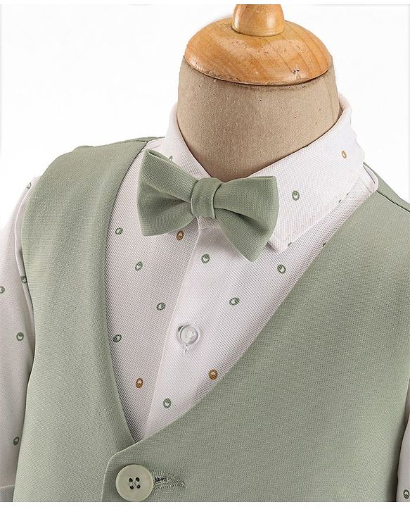 Babyhug Woven Full Sleeves Stretch Fit Party Suit With Waist Coat & Bow - Green & White