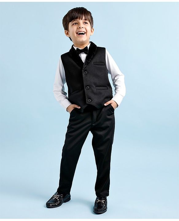 Babyhug Full Sleeves Party Suit Sheen Texture with Bow - White & Black
