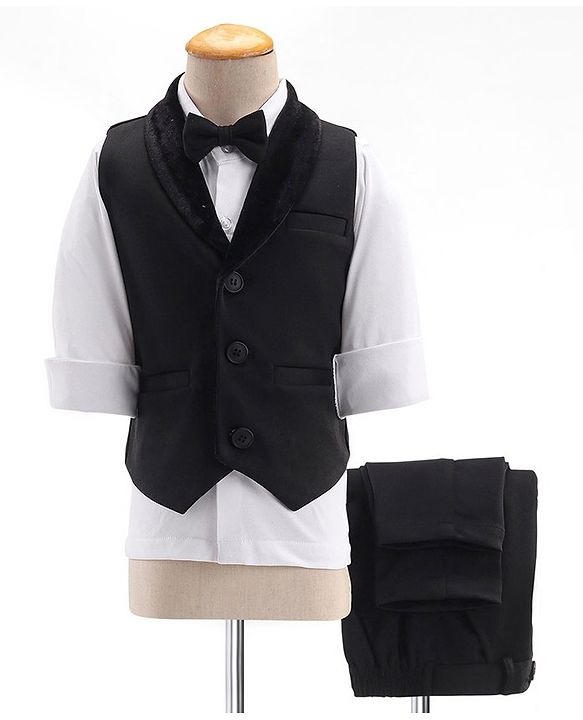 Babyhug Full Sleeves Party Suit Sheen Texture with Bow - White & Black
