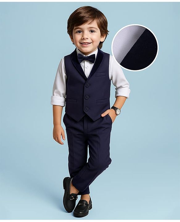 Babyhug Full Sleeves Party Suit Sheen Texture with Bow - White & Navy Blue