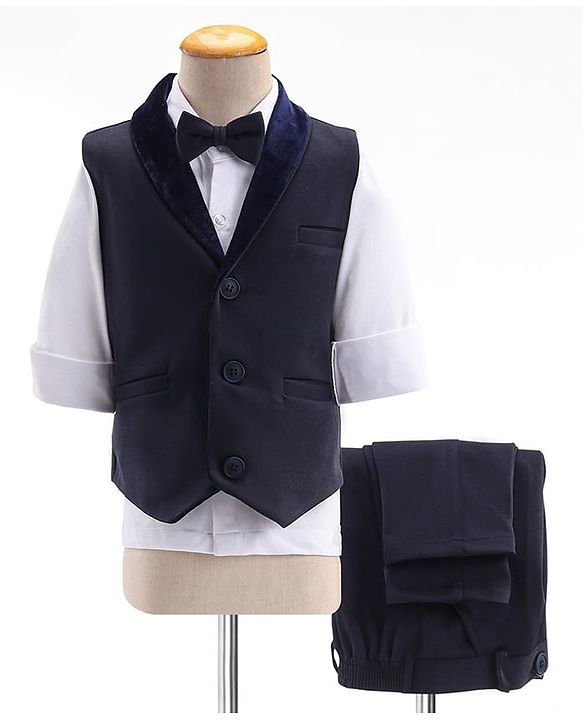 Babyhug Full Sleeves Party Suit Sheen Texture with Bow - White & Navy Blue