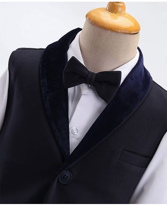 Babyhug Full Sleeves Party Suit Sheen Texture with Bow - White & Navy Blue