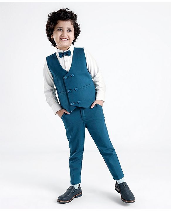 Babyhug Full Sleeves Three Piece Premium Party Suit with Bow  - White & Royal Blue