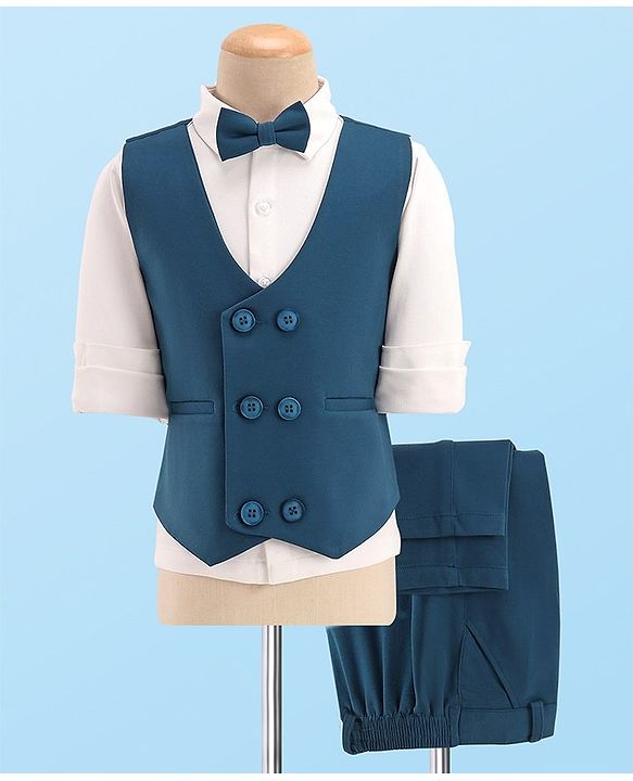 Babyhug Full Sleeves Three Piece Premium Party Suit with Bow  - White & Royal Blue