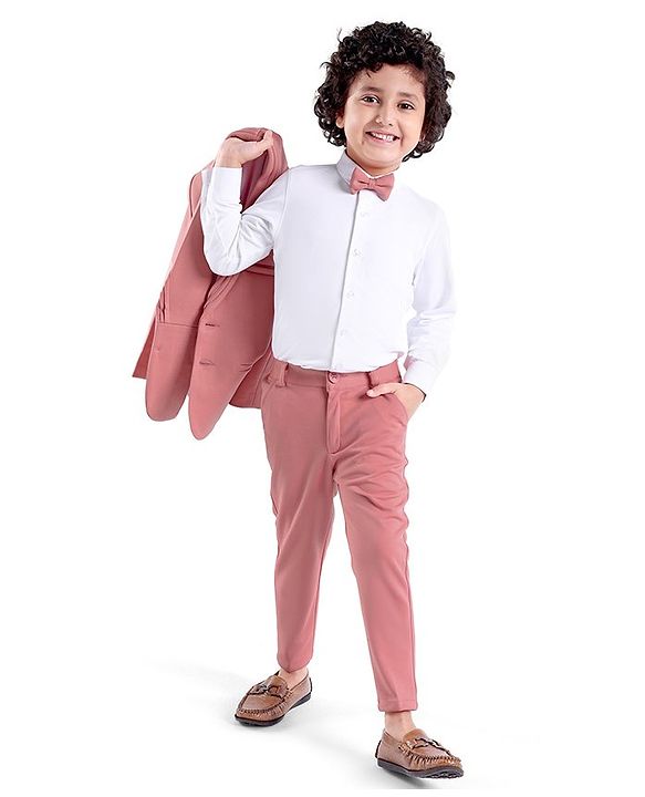 Babyhug Full Sleeves 3 Piece Party Suit with Stretch & Bow - White & Pink