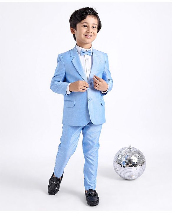 Babyhug Full Sleeves 3 Piece Stretch Party Suit with Bow - Light Blue